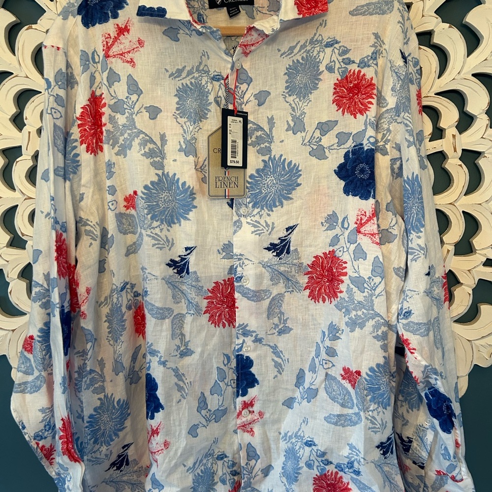 NWT Daniel Cremieux White Linen Button-Down Shirt with Red and Blue Floral Print